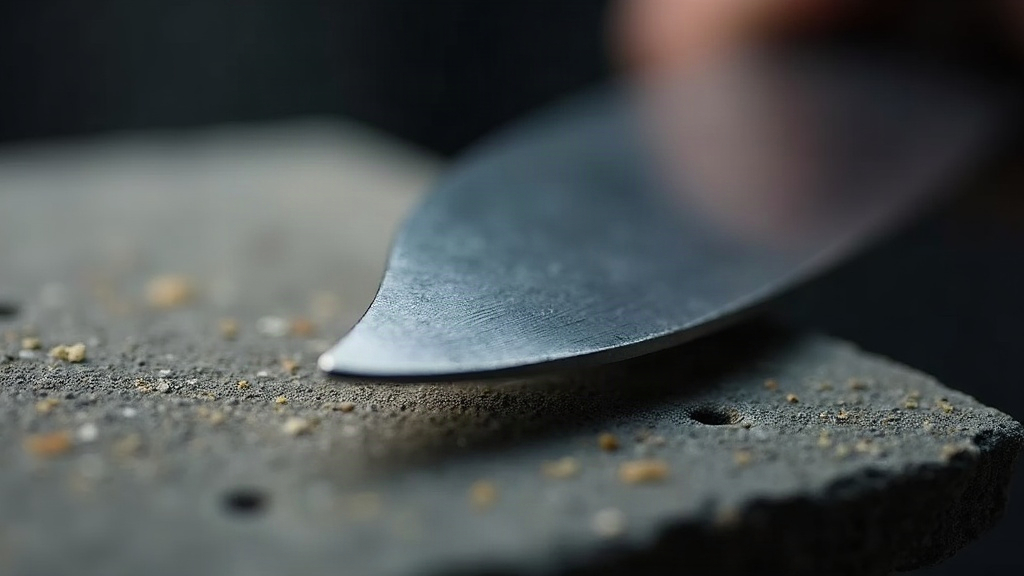 Close up macro view of a 15 degree knife bevel on a sharpening waterstone